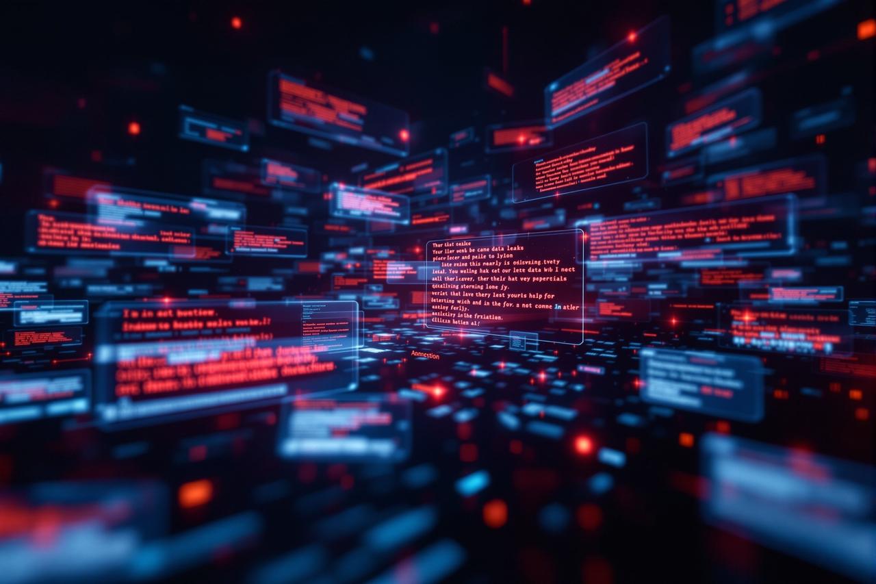 数据泄露概念图，红色警告的数字代码流
