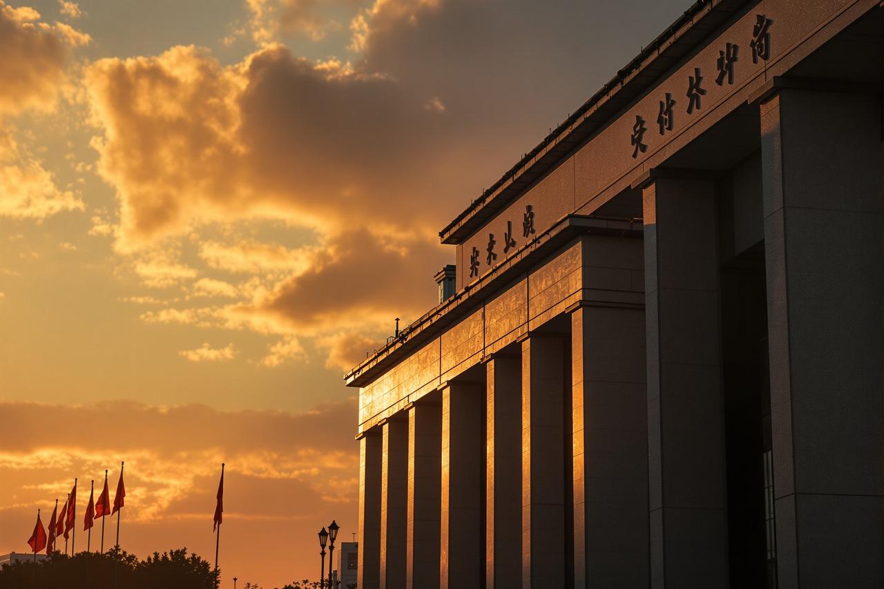 政府大楼的严肃照片，夕阳下的建筑轮廓